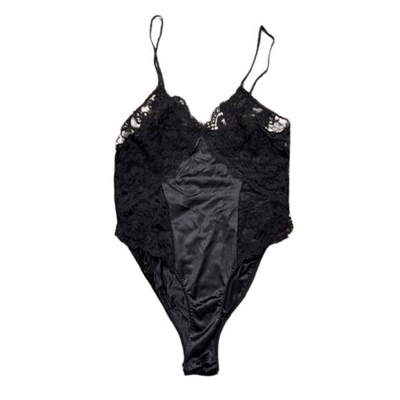 70s Vintage Lace and Nylon Black Bodysuit Teddy Medium - Picture 1 of 2